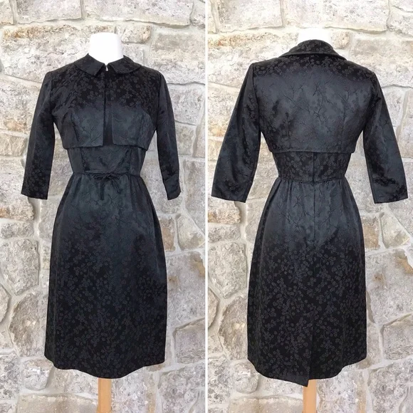Vintage 50s Black Floral Brocade Dress Set with Kitten Bow Waist Audrey Hepburn - Picture 4 of 16